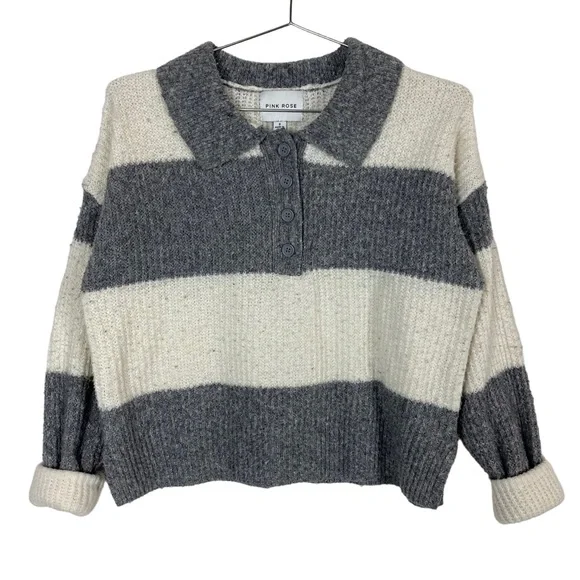 Pink Rose Gray & White Ribbed Collared Sweater - Picture 1 of 9